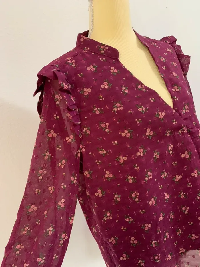 Blouse violette fleurie à volants – Kilky Paris - Taille L - photo numéro 2