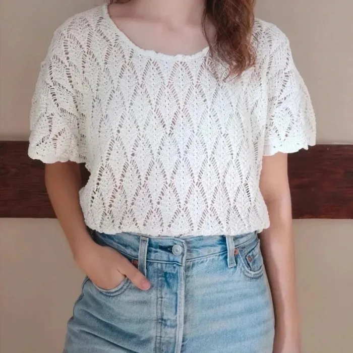 Top blanc maille ajourée coton acrylique