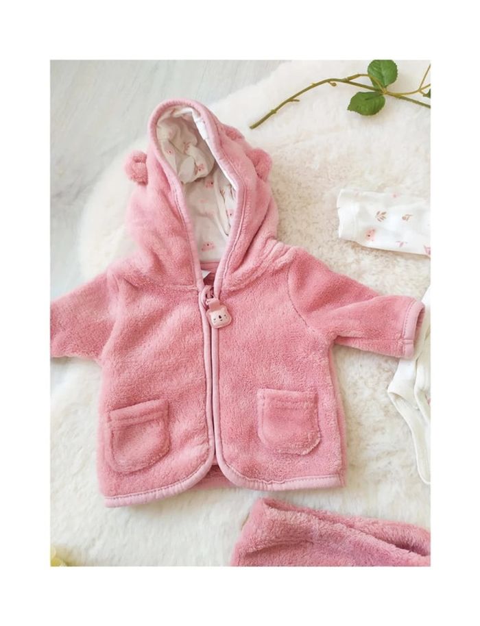 Ensemble hiver naissance fille veste polaire à capuche + pantalon à pieds + body - photo numéro 3