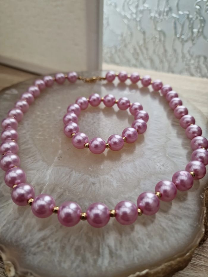 Parure Collier Bracelet De Perles Rose Lila Doré - photo numéro 8