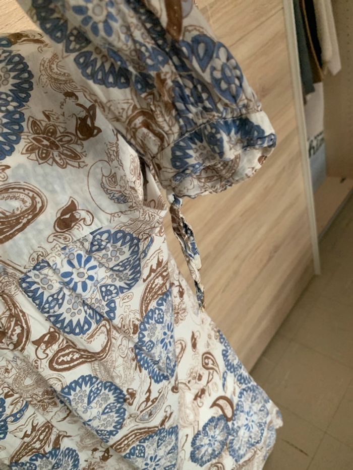 Robe tunique fleurs marrons bleu crème L - photo numéro 7