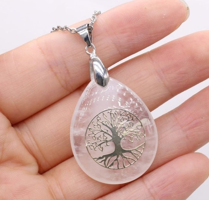 Collier pierre Cristal de Roche et chaîne acier - photo numéro 2