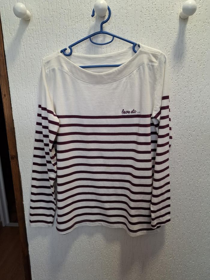 Belle marinière femme Monoprix S coton bio écru/myrtille brodée Love etc très bon état