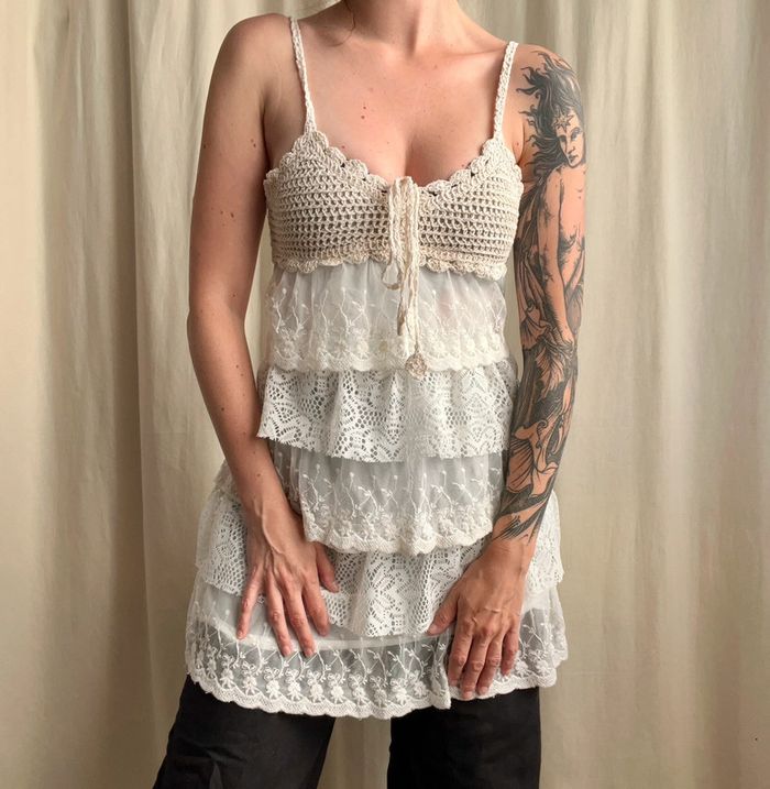 Débardeur long dentelle crochet vintage Boho Summer Ibiza - Taille S - photo numéro 5