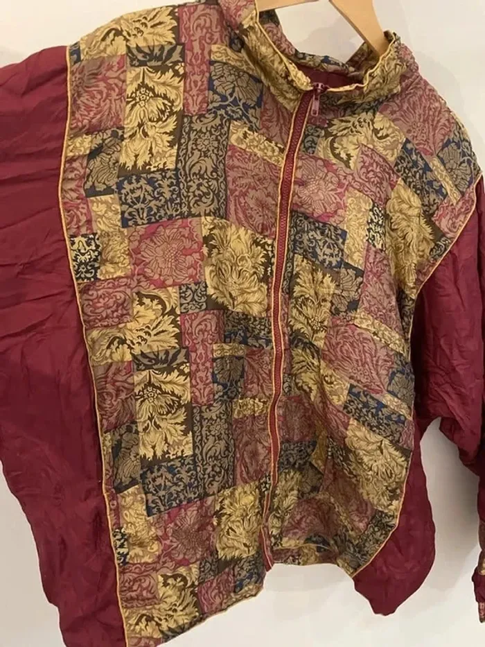100% Silk Jacket vintage burgundy patchwork style Womens XXL - photo numéro 7