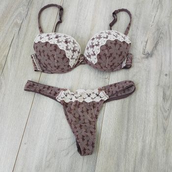 Ensemble de lingerie etam soutien gorge 85c string taille 36 multicolore a motifs marron beige brodé