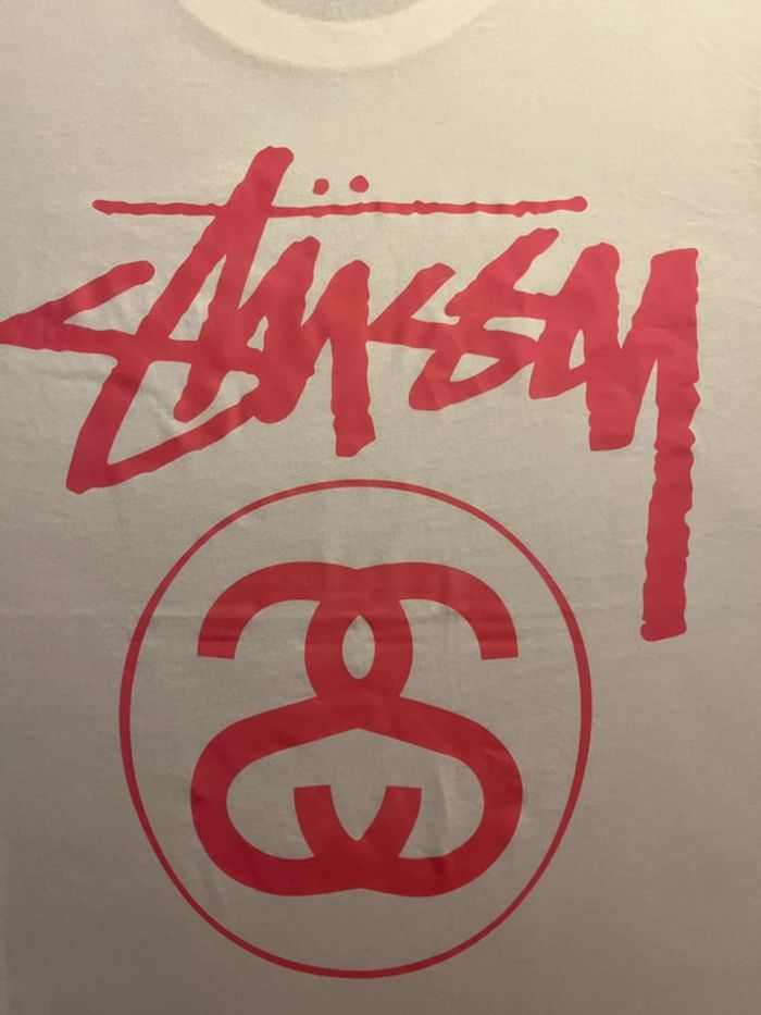 T-shirt Stussy White Crewneck Big Logo Back Pink – Taille L - photo numéro 2