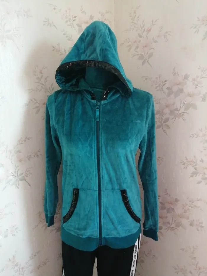 Veste turquoise à capuche en velours avec poches et strass / esmara / (S) - photo numéro 3