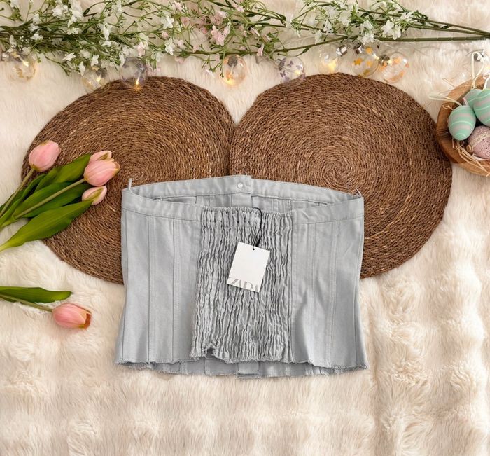 Top bustier Zara gris pailleté taille M effet jean - photo numéro 5