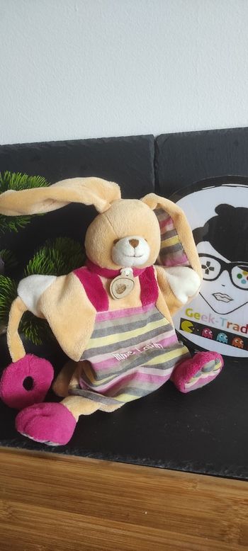 Doudou marionnette lapin Baby nat Mme Lapin  rayé rayure cercle rond marron rose beige