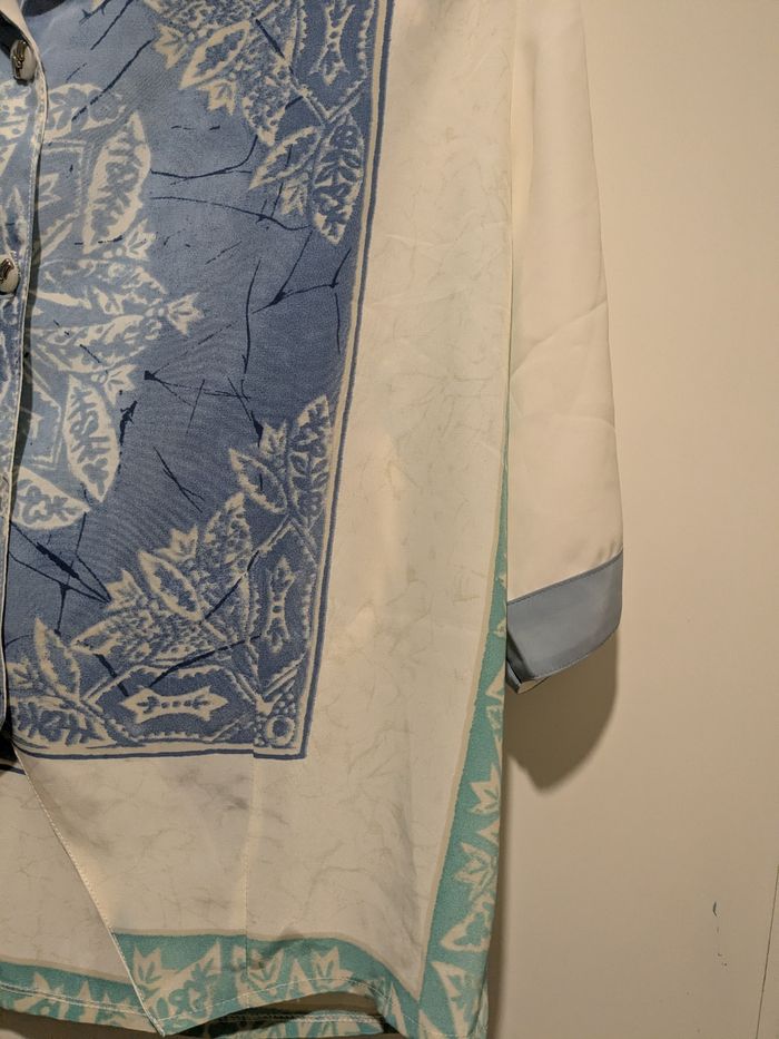 Magnifique chemise vintage soyeuse Estee Lise blanc écru, beige et bleue. Taille 42/44 - photo numéro 4