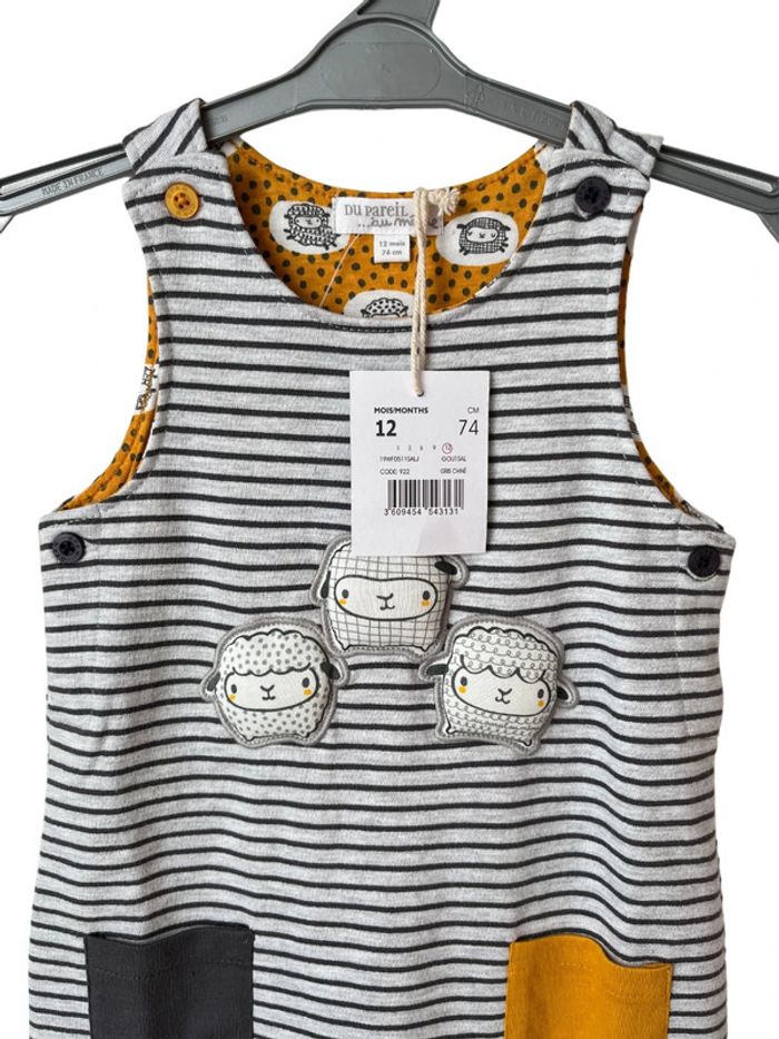 (NEUF) Salopette stretch rayée grise et jaune - DPAM 12 mois (74cm) - photo numéro 2