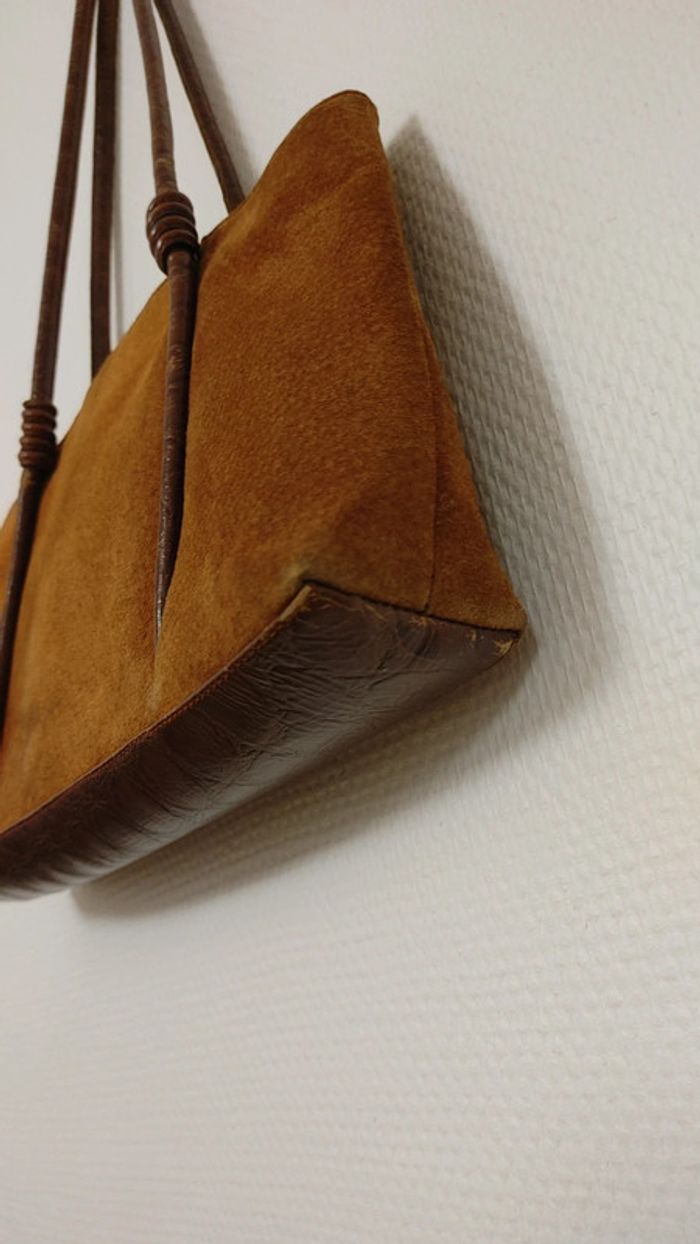 Sac en daim et cuir épaule bicolore marron Camel hanse et pompom - photo numéro 3