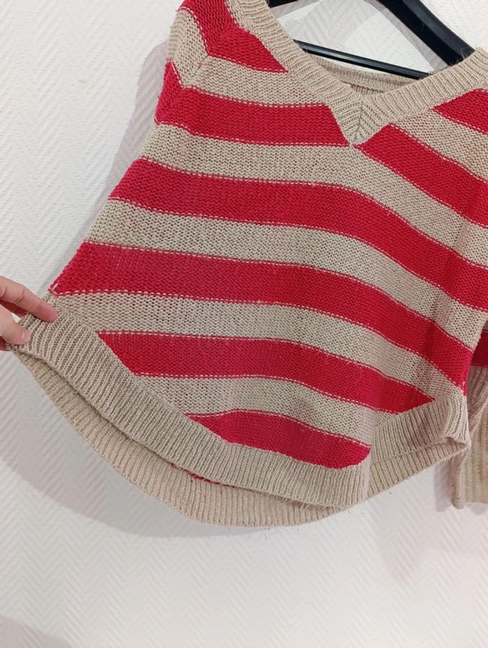 Pull mailles taille unique framboise et beige - photo numéro 3