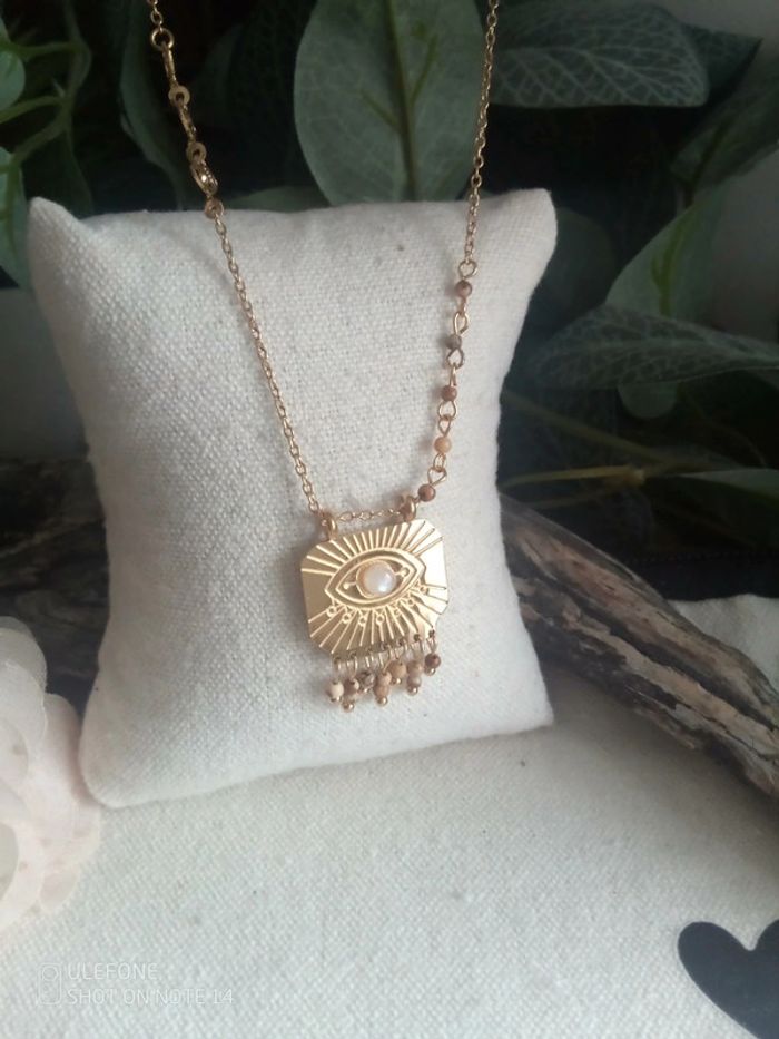 Collier oeil et pierres naturelles de jaspe et lune - photo numéro 2