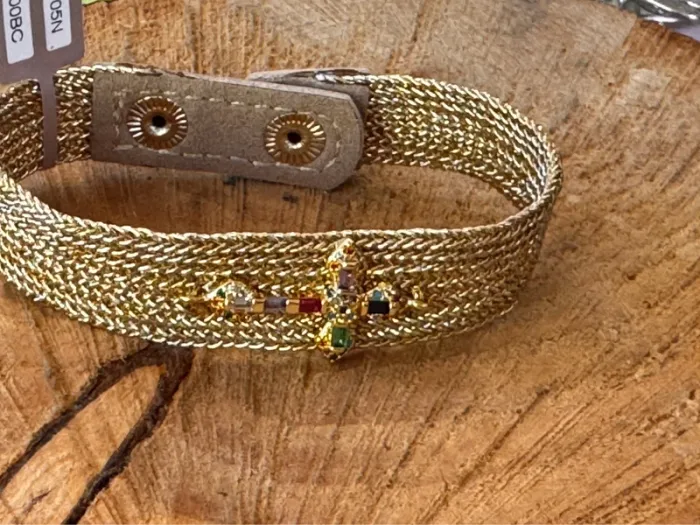 Bracelet manchette fils tissés or réglable roux acier inoxydable or cristaux couleurs habaha Paris - photo numéro 3