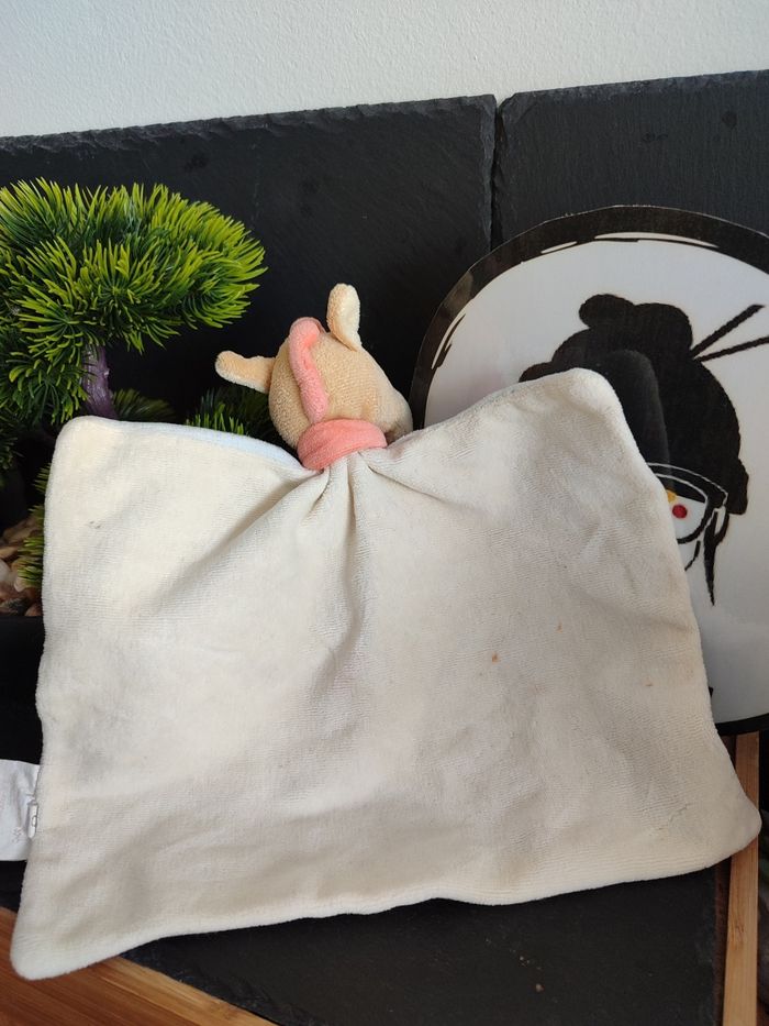 Doudou ane bengy carré plat bleu écharpe orange fer à cheval trèfle Ancien  3437 - photo numéro 2