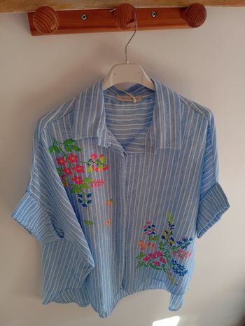 Chemise lin imprimé fleuri bleu taille L XL 