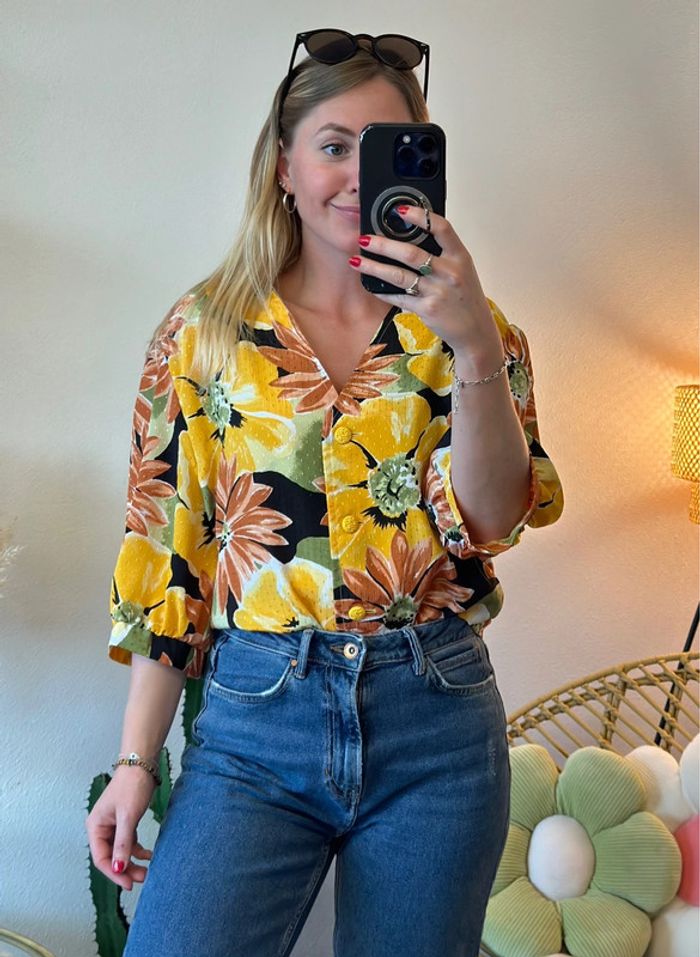 Chemise jaune imprimée fleurs, modèle vintage, taille unique - Saint Charles - photo numéro 2