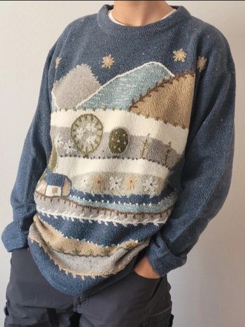 Pull d'hiver jumper maille knit bleu blanc à motifs en acrylique et laine vintage 80s/90s