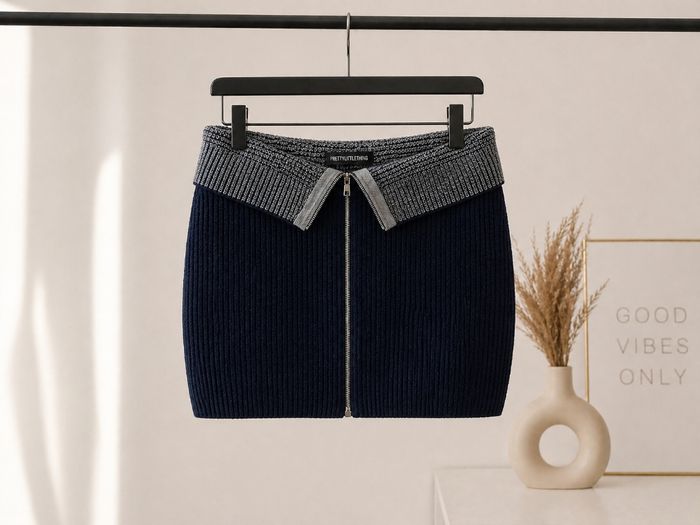 Jupe mini maille côtelée bleu marine fermeture zip style chic Y2K - photo numéro 4