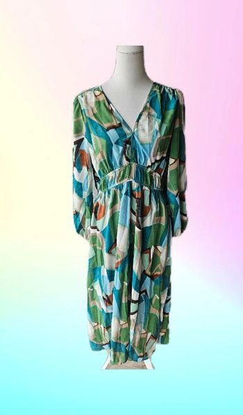 Robe longue multicolore au ton de vert, sans marque, taille L
