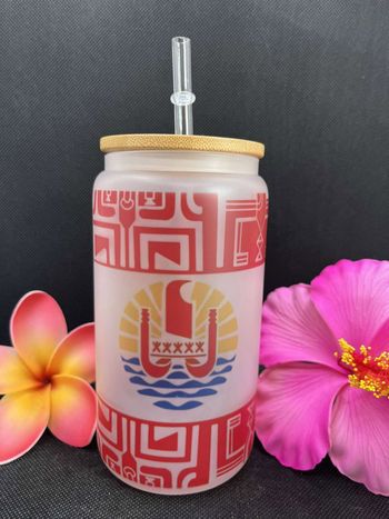 Gobelet en verre givré avec couvercle en bambou et paille Tahiti / Tatouage Polynésien / Patutiki