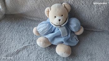 Doudou ours boule vichy bleu peluche ancien marron vintage beige Nicotoy Carreau occasion