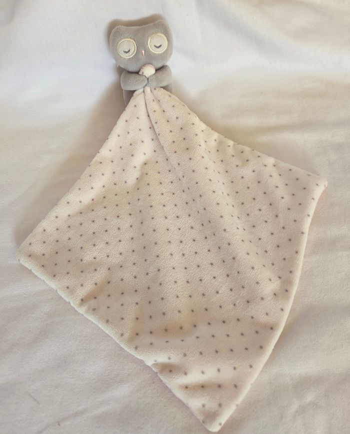 Doudou chouette / Hibou avec mouchoir blanc a pois et rose - Obaibi