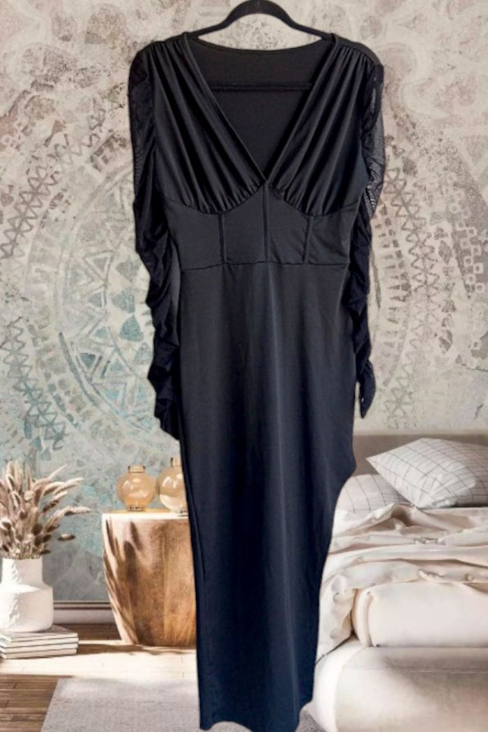 Robe longue noire sexy fendue et bras résille -S - photo numéro 2