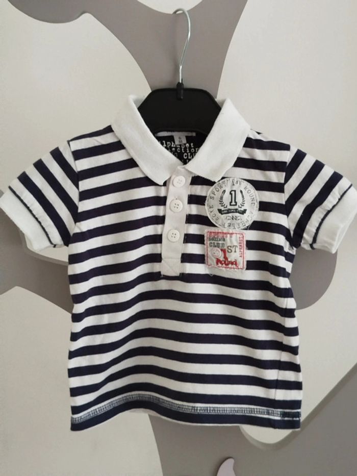 Polo manches courtes marinière blanc et bleu marine Alphabet taille 6 mois