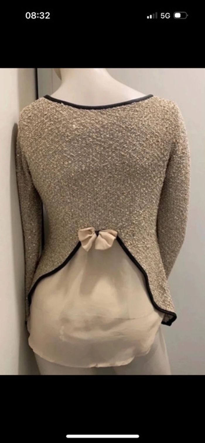 Superbe haut beige brillant à sequins et voile dans le dos Laetitia Mem taille 36 plus d’étiquette - photo numéro 2