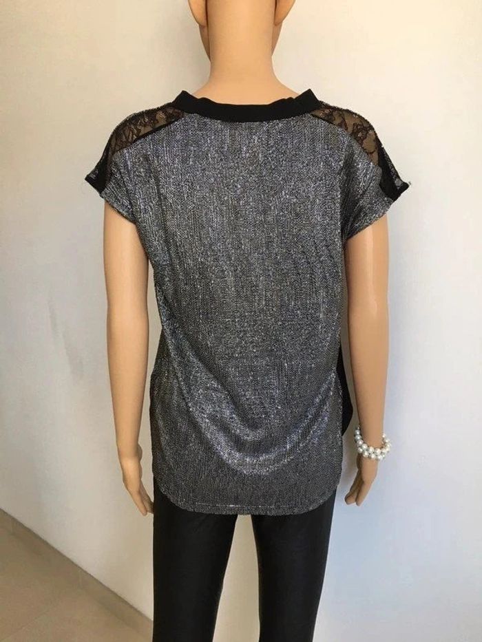 Blouse argentée et noire neuve à manches courtes avec dentelle Morgan taille XS (valeur 35€) - photo numéro 6