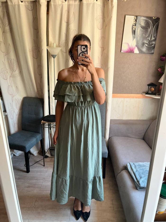 Robe longue col bardot bohème champêtre vintage Bridgerton