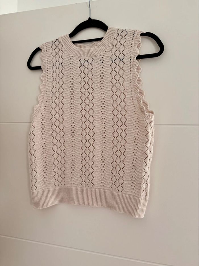 Ensemble maille tricot beige broderie pantalon top sans manches beige crème été coton M L - photo numéro 6