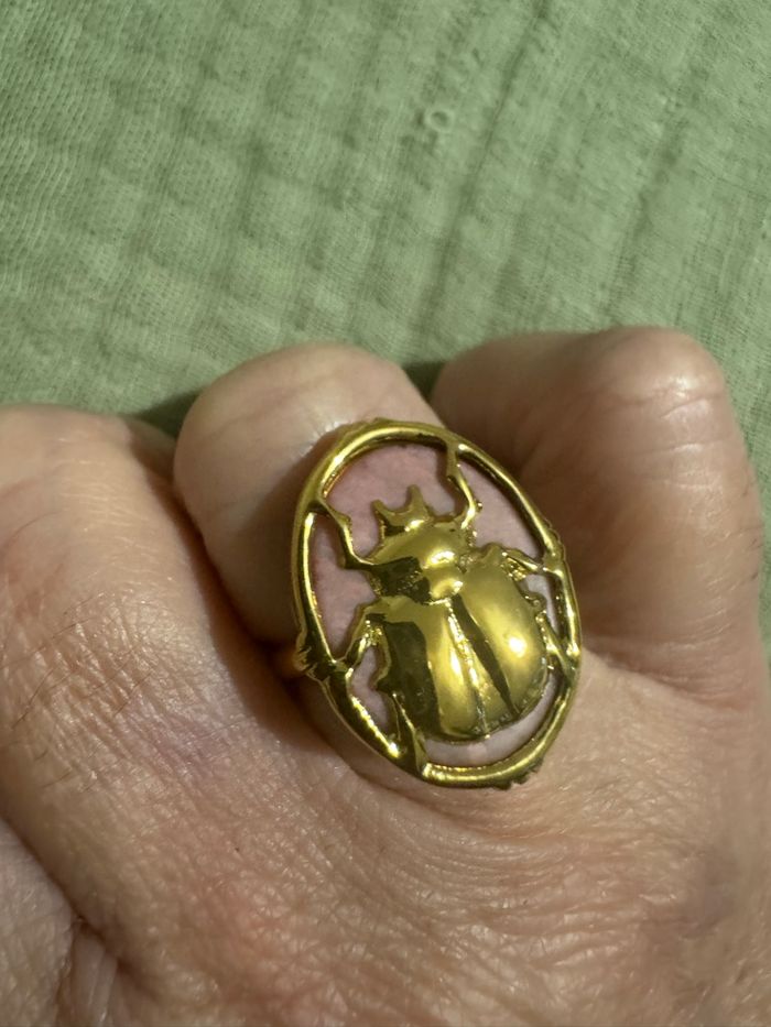 Bague scarabée relief acier inoxydable or rhodonite véritable réglable - photo numéro 3
