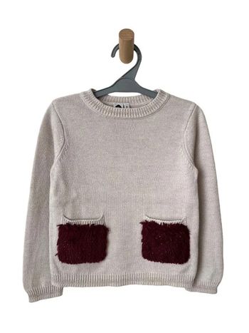 Pull beige + doré, poches bordeaux - Z 6 ans (116cm)