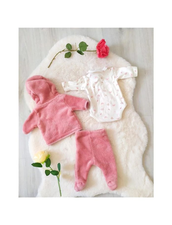 Ensemble hiver naissance fille veste polaire à capuche + pantalon à pieds + body - photo numéro 2