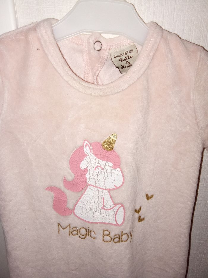 Pyjama bébé fille  velour, hiver 6 mois, rose perle,  motif licorne - photo numéro 2