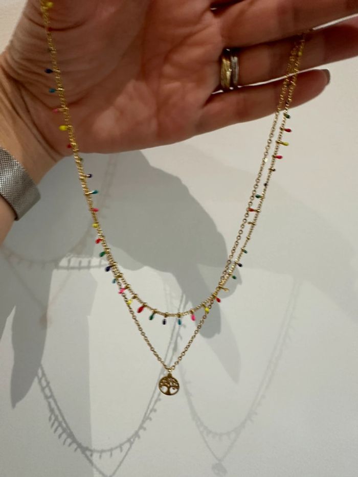 Collier plusieurs rangs en acier or et perles émail - photo numéro 2