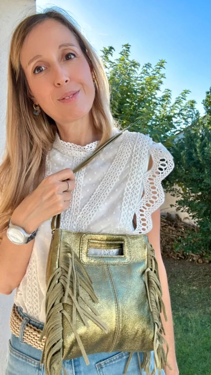 Sac bohème cuir vert irisé franges et 2 bandoulières - photo numéro 9