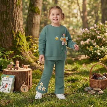 Ensemble Fille 5 Ans Élégant – Sweat Fleurs Relief & Pantalon Évasé Moderne