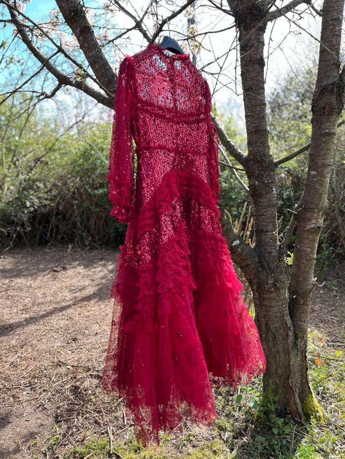 Robe longue Rouge voile paillettes jupon froufrou T 40 - photo numéro 6