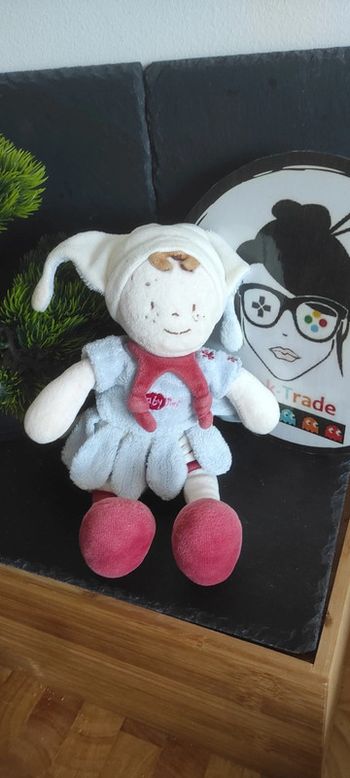 Doudou Lutin Bleu Bordeaux Fleur Baby nat peluche robe fleur blanc rose ancien vintage bonnet