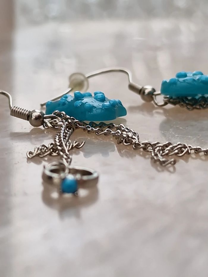 Boucles D'oreilles Argentées Fraise Bleu Bague Argenté Strass - photo numéro 12