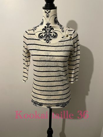 T-shirt manches 3/4 écru crème à rayures bleu marine boutons col a dentelle doublé kookai taille 36