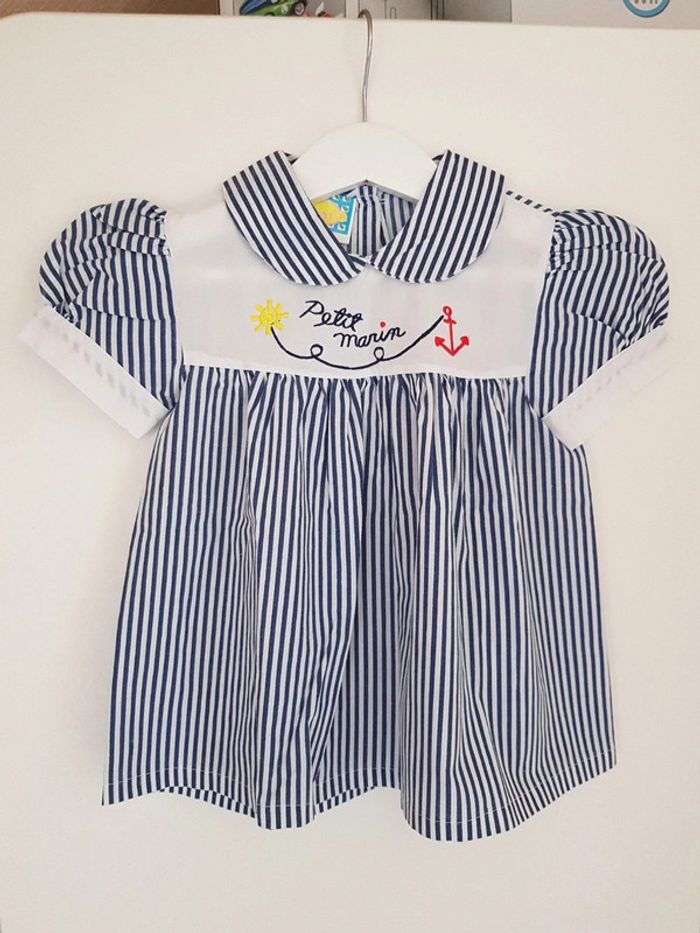 Jolie petite robe marinière blanche et bleu "petit marin" 80 cm