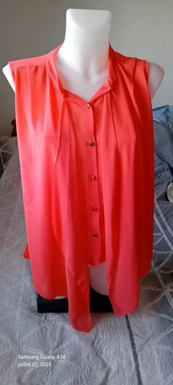Blouse en voile sans manches assymetrique effet superposé corail femme xl made in italy