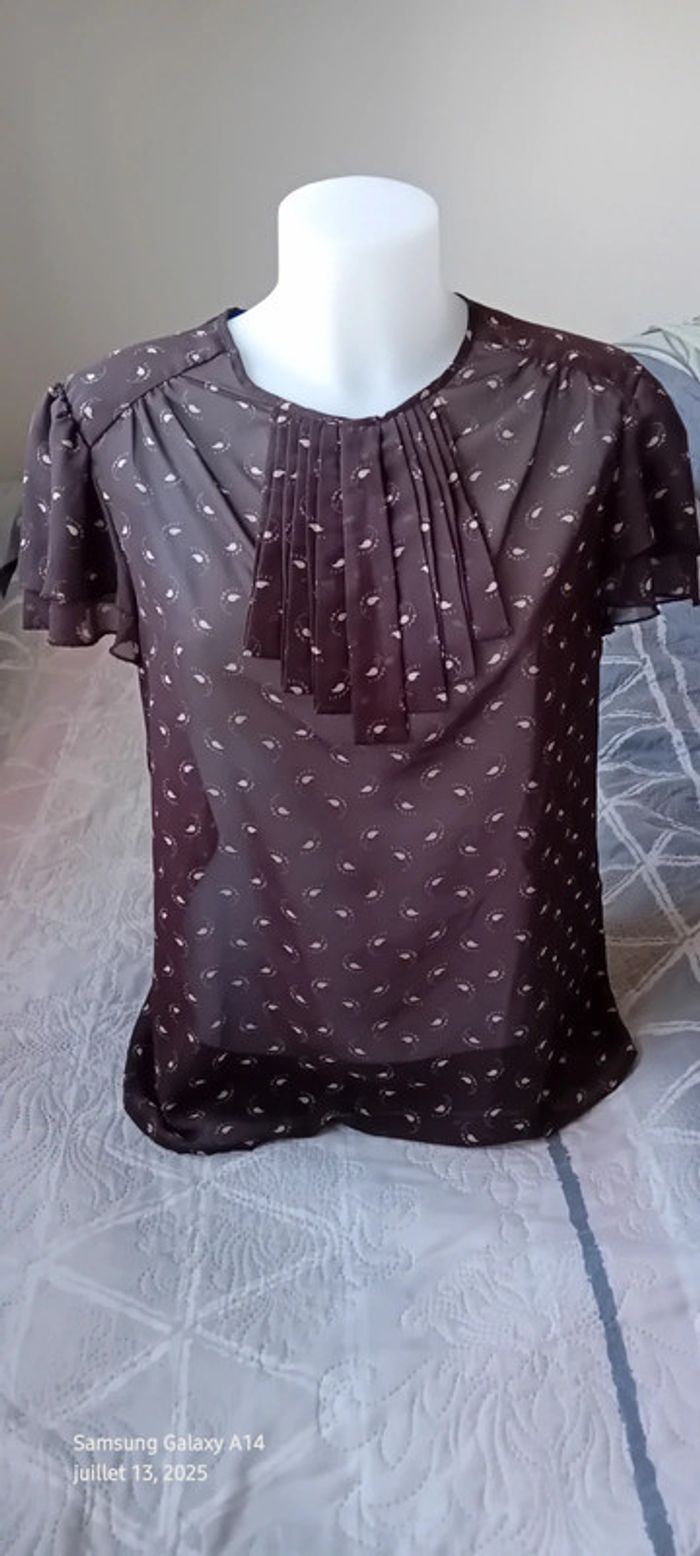 Blouse en voile manches volantées col cravate motif plumes marron femme L - photo numéro 2