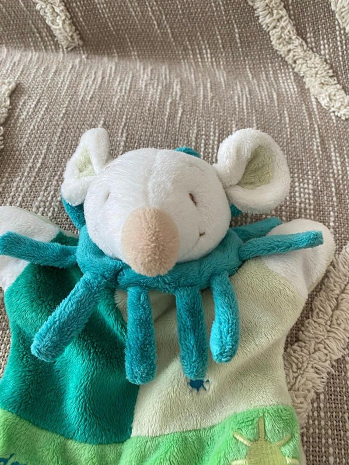 Peluche doudou et compagnie marionnette 26cm souris blanche et verte soleil très bon état - photo numéro 3